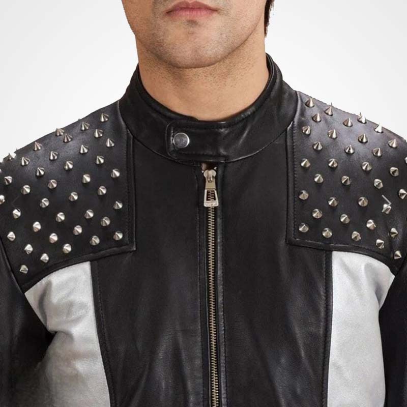 Men's Vintage Cowhide Leather Biker Jacket with Silver Studs