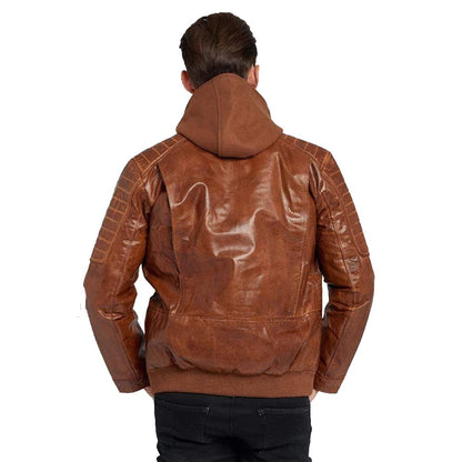 Men's Waxed Brown Hooded Leather Jacket