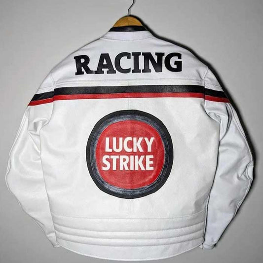Mens White Lucky Strike Cowhide Leather Racing Jacket