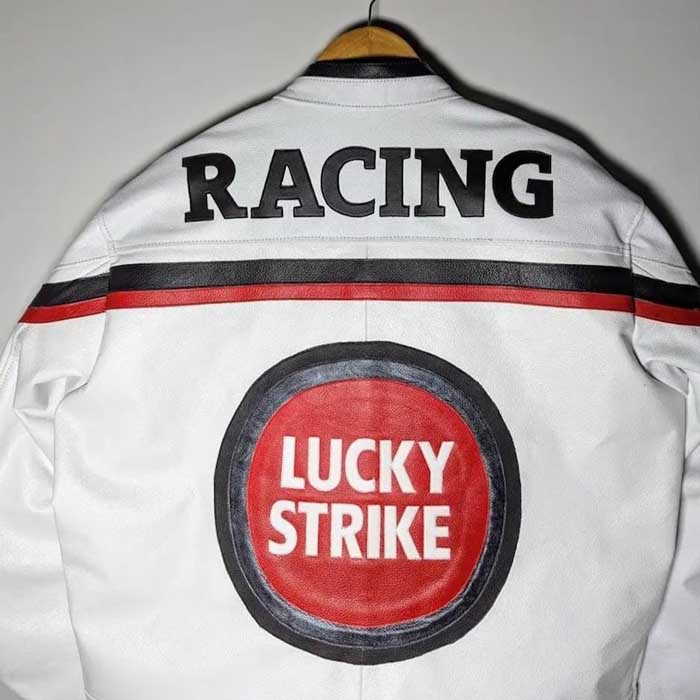 Mens White Lucky Strike Cowhide Leather Racing Jacket