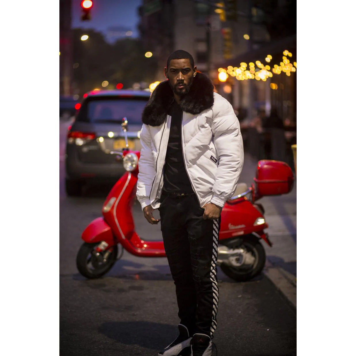 Men White V Bomber Jacket with Black Fur Collar