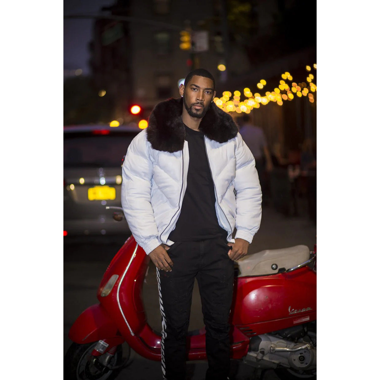 White V Bomber Jacket with Black Fur Collar - Bubble Jacket