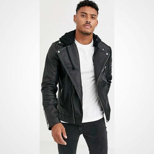 Men's Black Lambskin Leather Jacket with Hood Men's Black Lambskin Leather Jacket with Hood