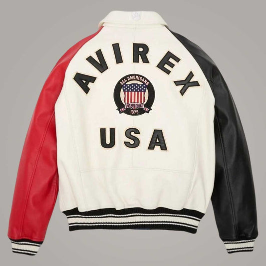 Men wearing Avirex colorful embroidered leather flight jacket by Jackets Kingdom