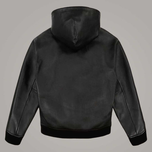 Men wearing Avirex hooded leather flight jacket in matte black by Jackets Kingdom