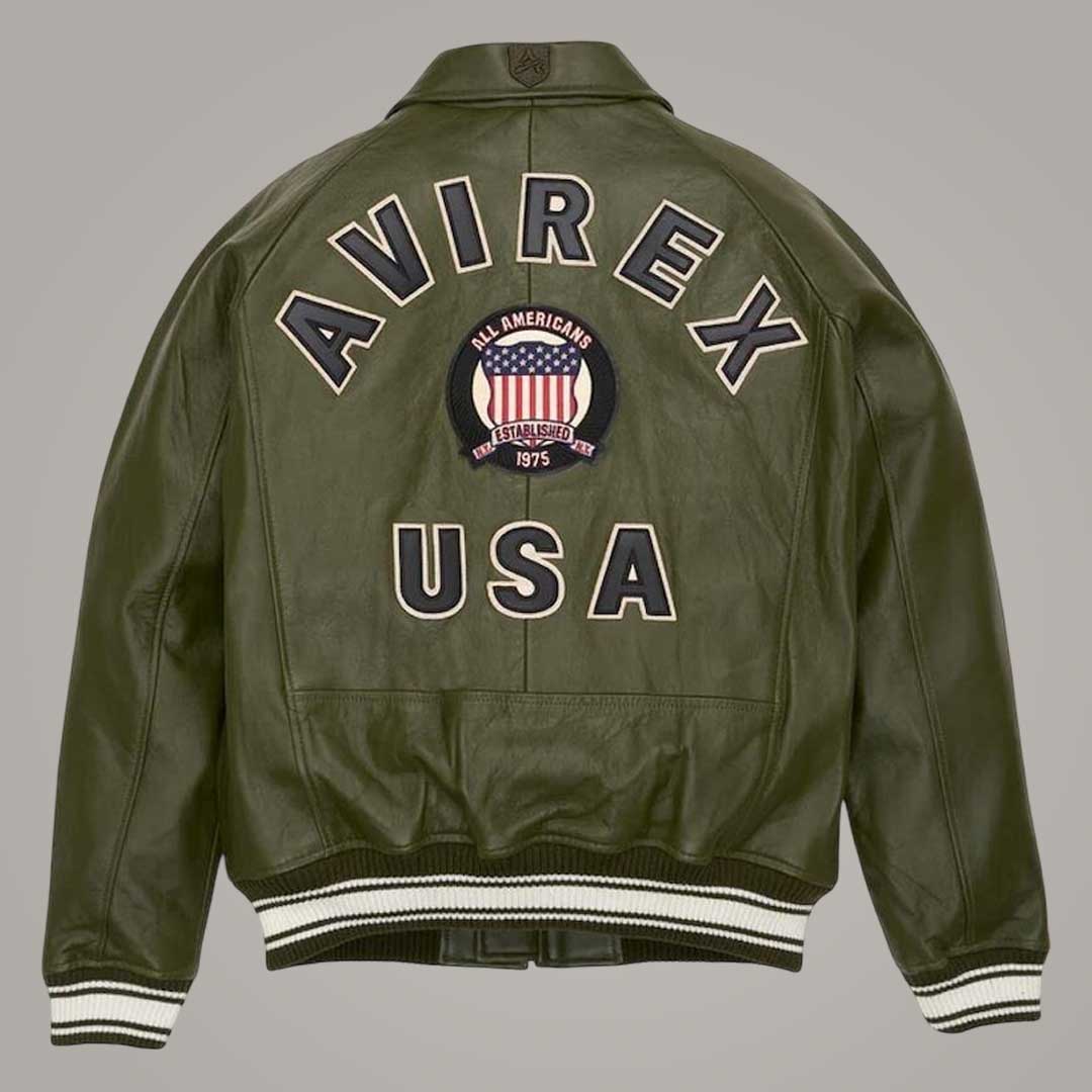 Men wearing Avirex olive green genuine leather aviator jacket by Jackets Kingdom