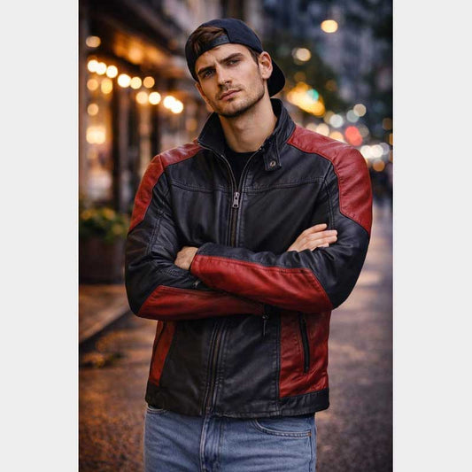 Men wearing Deadshot Red and Black Biker Motorcycle Leather Jacket with slim fit cut and durable hardware