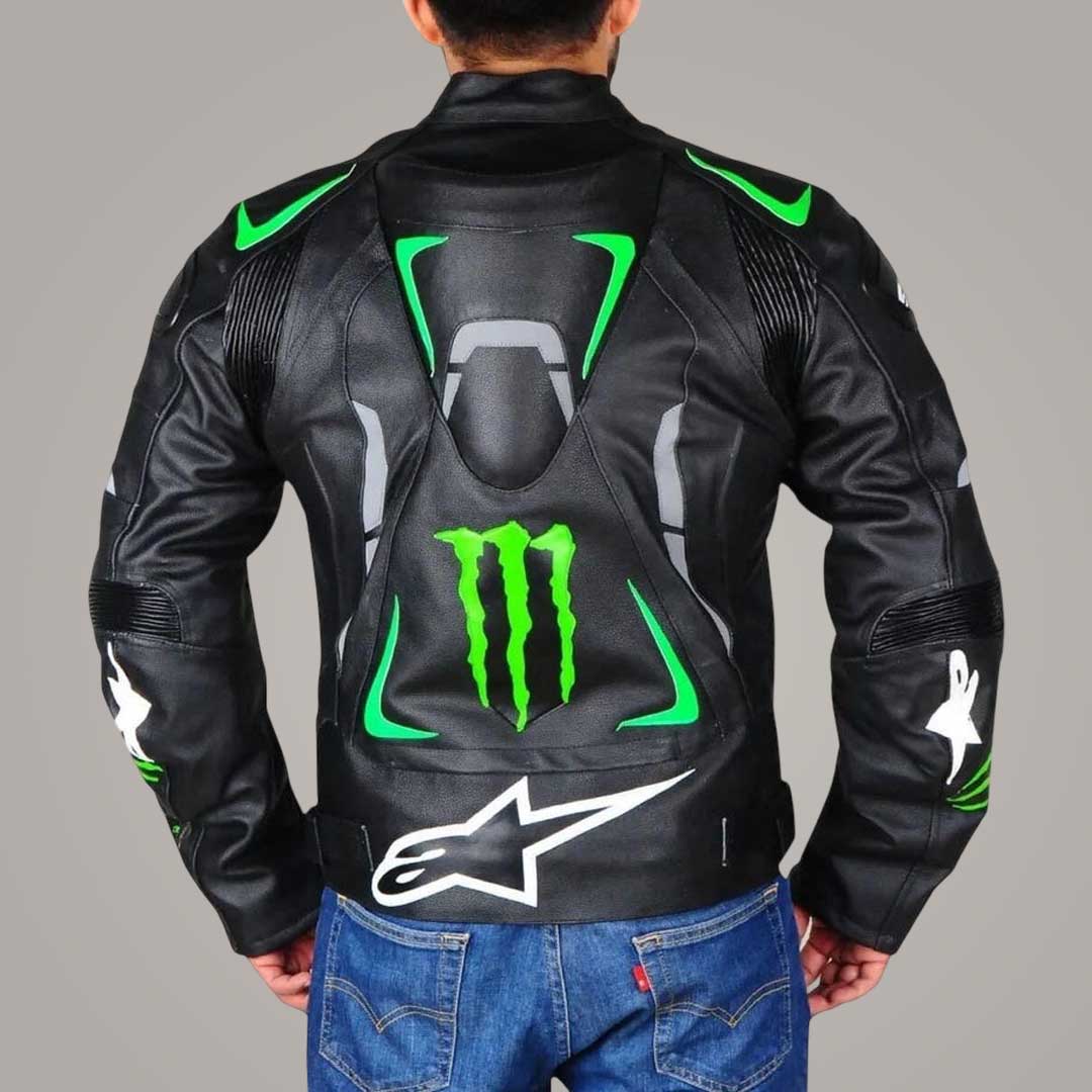 Monster Energy Black Motorcycle Racing Jacket Back View with Logo Design by Jackets Kingdom