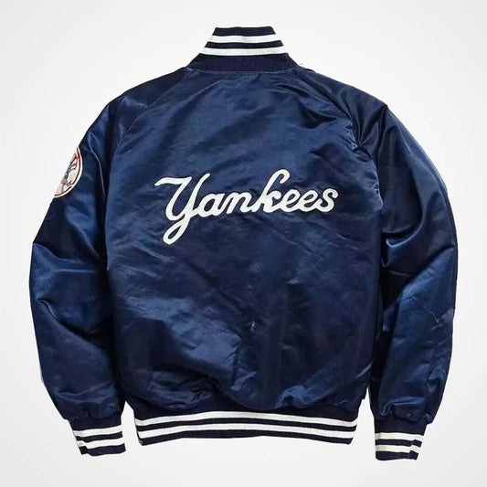 NY Yankees 90s Blue and White Satin Varsity Jacket