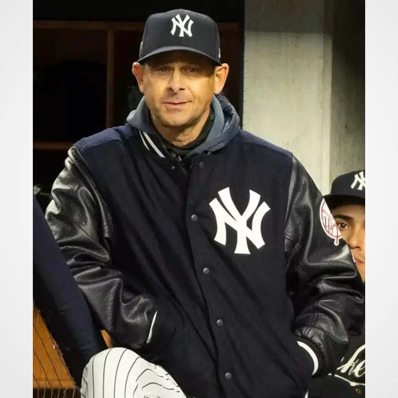 NY Yankees Navy Blue Varsity Jacket with Black Leather Sleeves
