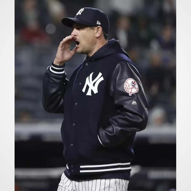 NY Yankees Navy Blue Varsity Jacket with Black Leather Sleeves