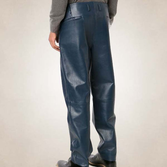 Men's Navy Blue Pleated Leather Pants