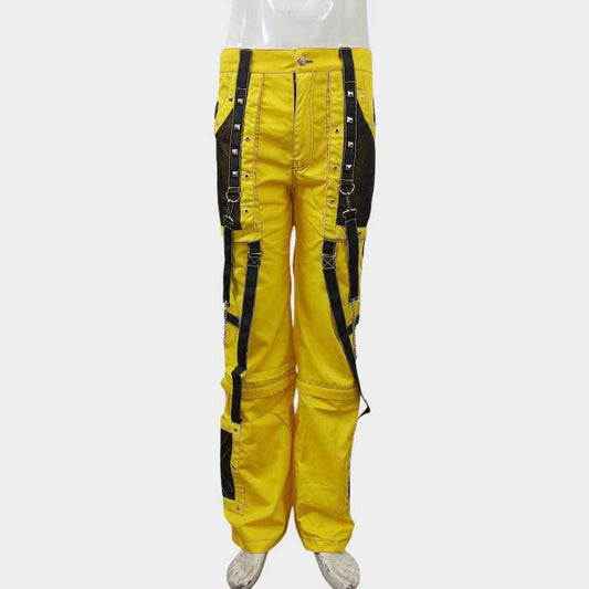 Neon yellow techwear pants featuring Gothic industrial design elements by Jackets Kingdom
