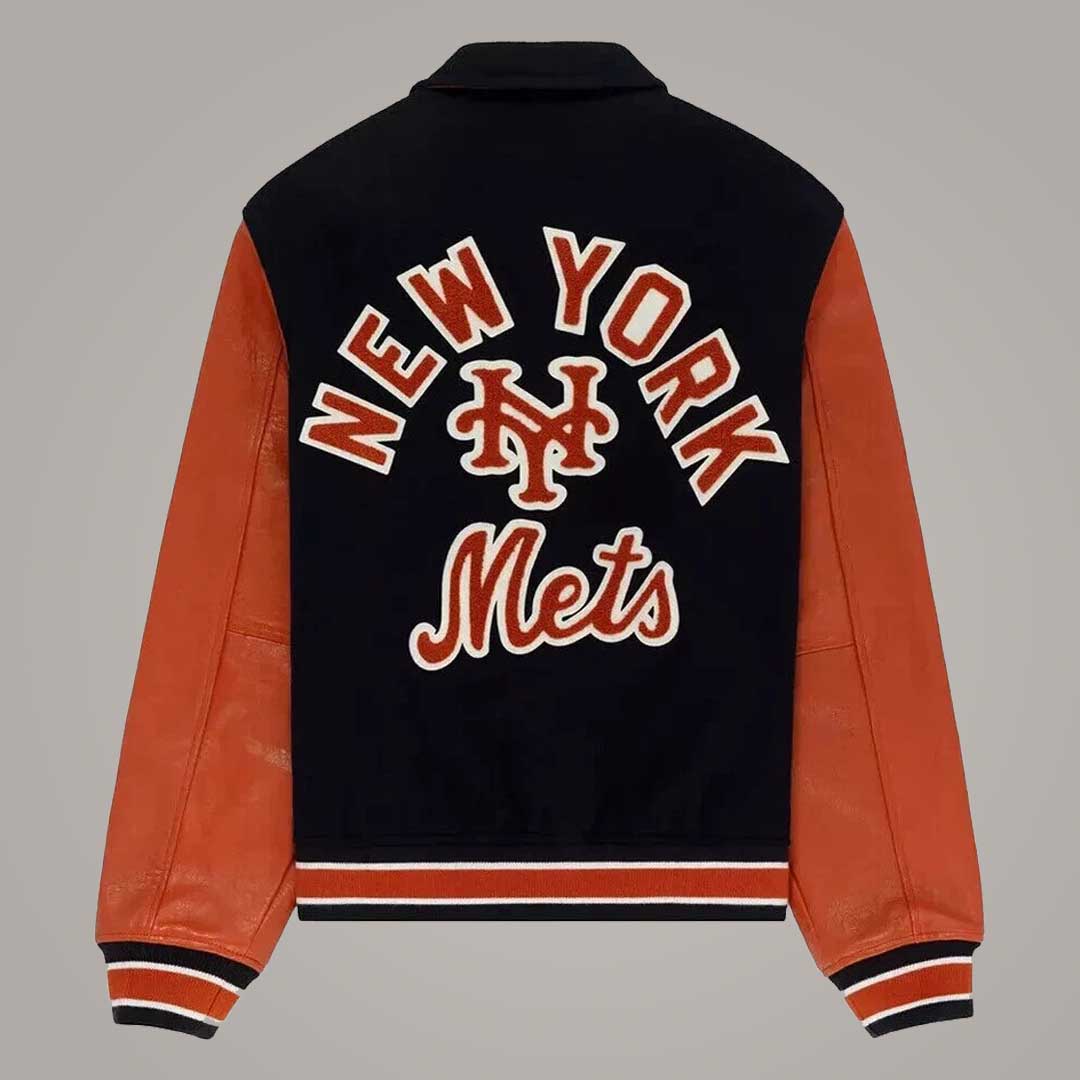 New York Mets Blue Wool and Orange Leather Varsity Jacket