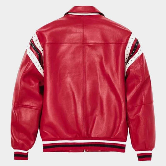 Pelle Pelle Red Encrusted Genuine Cowhide Leather Varsity Bomber Jacket for Men