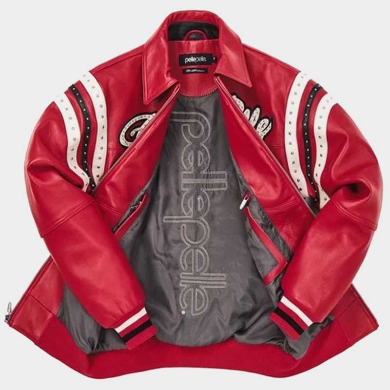 Pelle Pelle Red Encrusted Genuine Cowhide Leather Varsity Bomber Jacket for Men