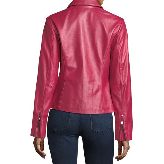 Pink Lambskin Women Biker Leather Jacket