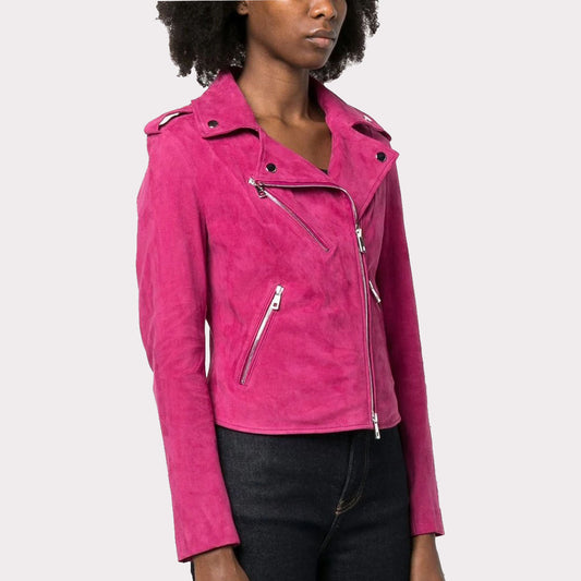 Premium Pink Women's Suede Biker Leather Jacket Pink Women's Suede Biker Jacket - Premium Quality