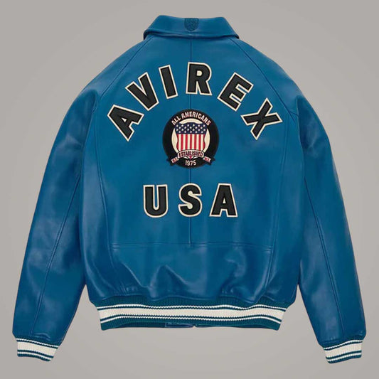 Premium Teal Avirex Varsity Genuine Leather Bomber Jacket with Logo by Jackets Kingdom