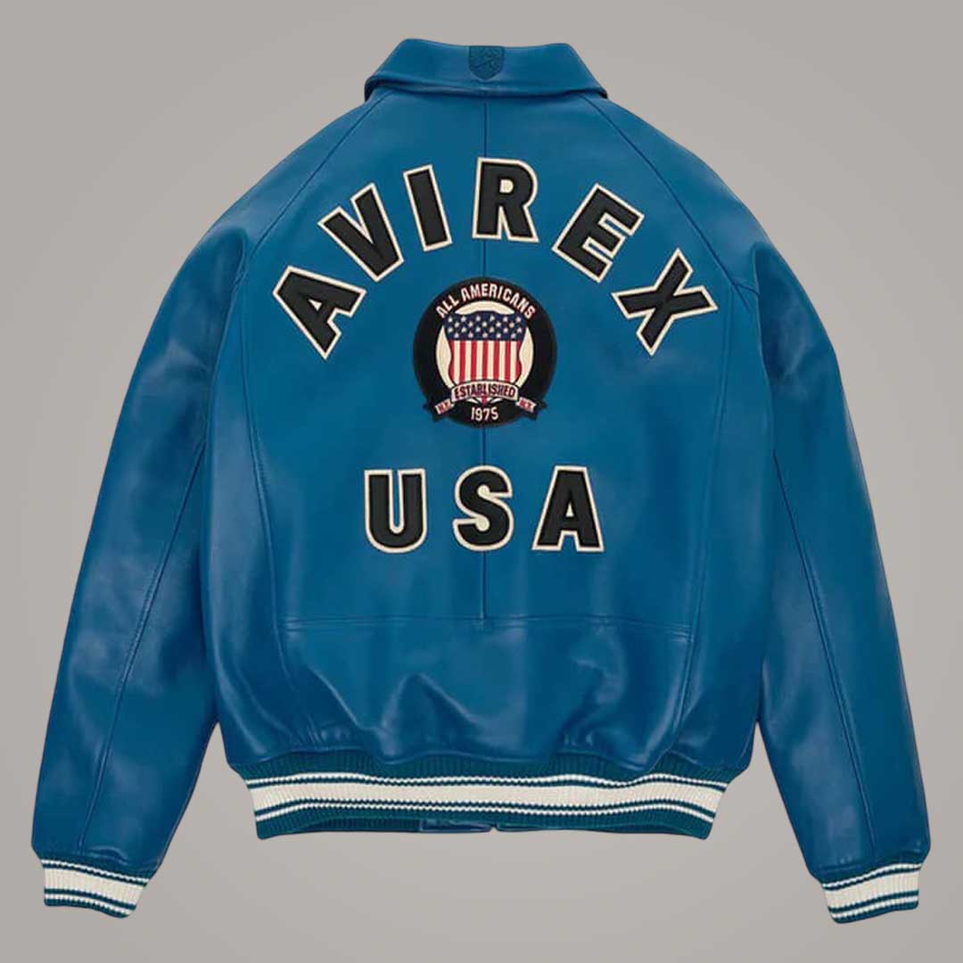 Premium Teal Avirex Varsity Genuine Leather Bomber Jacket with Logo by Jackets Kingdom