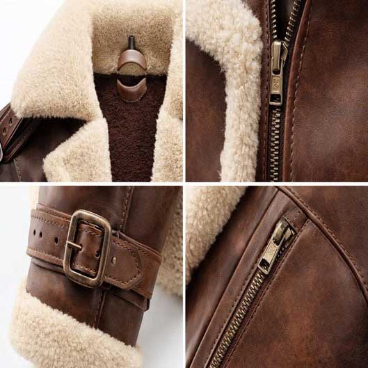 Premium brown leather aviator jacket front zip style