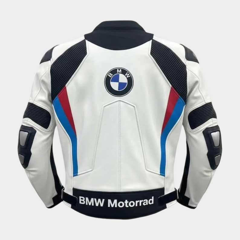 Premium cowhide motorcycle racing jacket featuring BMW Motorrad logos and colors by Jackets Kingdom