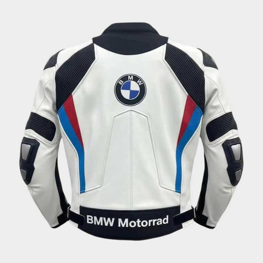 Premium cowhide motorcycle racing jacket featuring BMW Motorrad logos and colors by Jackets Kingdom