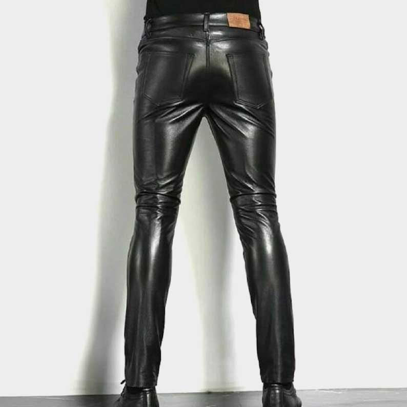 Premium men's leather trousers with classic biker styling and functional pockets by Jackets Kingdom