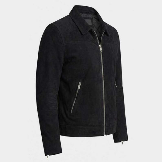 Premium men's suede trucker jacket showing quilted viscose lining and chest pockets by Jackets Kingdom