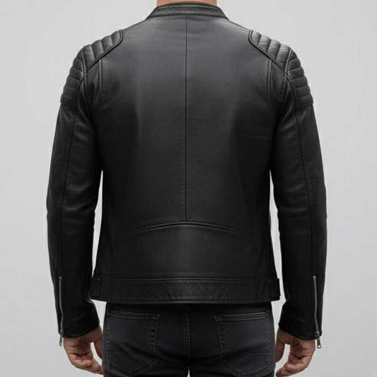 Premium motorcycle jacket featuring quilted stitching on shoulders and zippered pockets