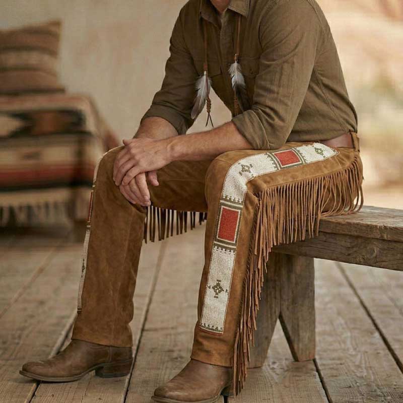 Premium quality men's Western suede trousers with hand-beaded accents and classic fringe