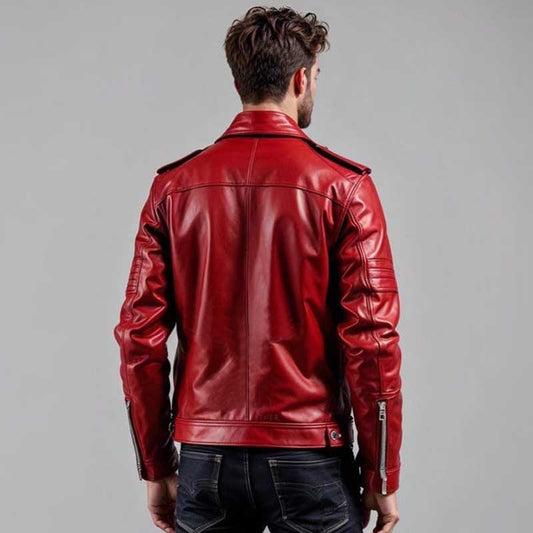 Premium red leather biker jacket with zippered cuffs and multiple functional pockets