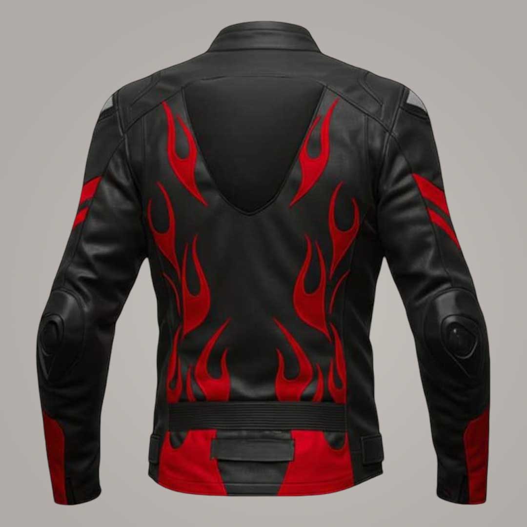 Red Flame Embroidery on Black Leather Biker Jacket Close Up Detail by Jackets Kingdom