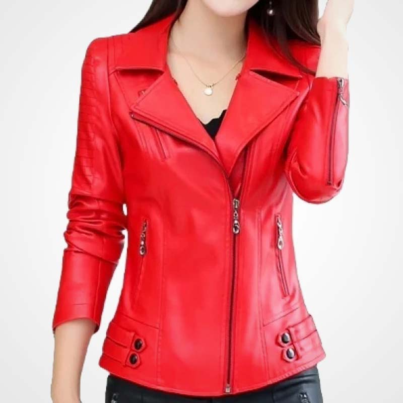Red Sheepskin Moto Jacket for Women