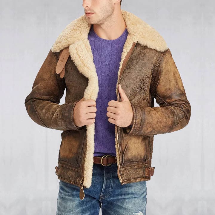 Men Sheepskin Flying Fur Aviator Wax Brown Shearling Leather Jacket