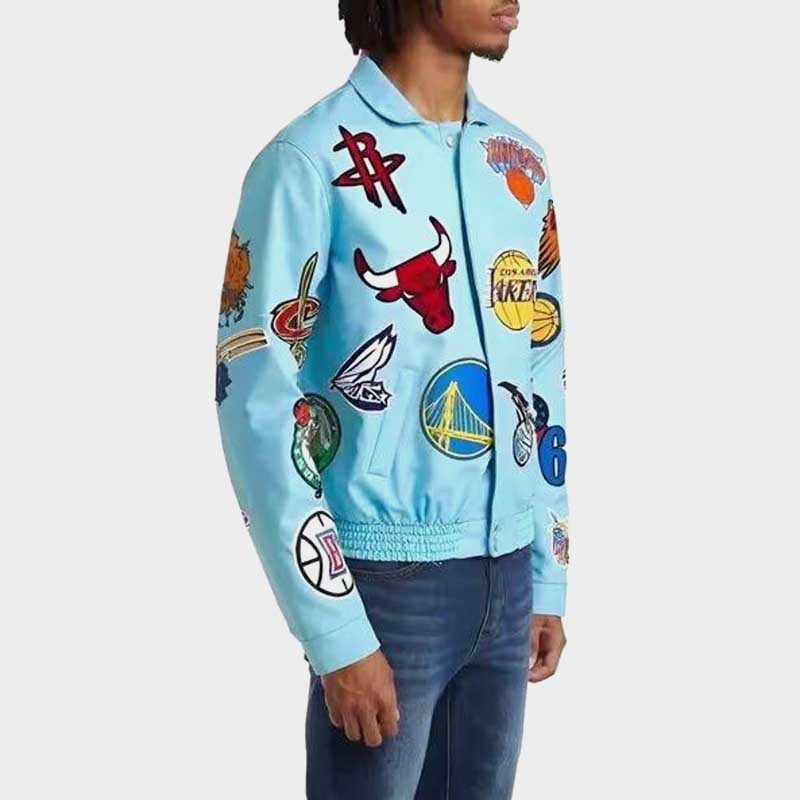 Side angle of NBA Team Logo Patch Varsity Leather Jacket Streetwear Bomber displaying side pockets and genuine cowsoft leather