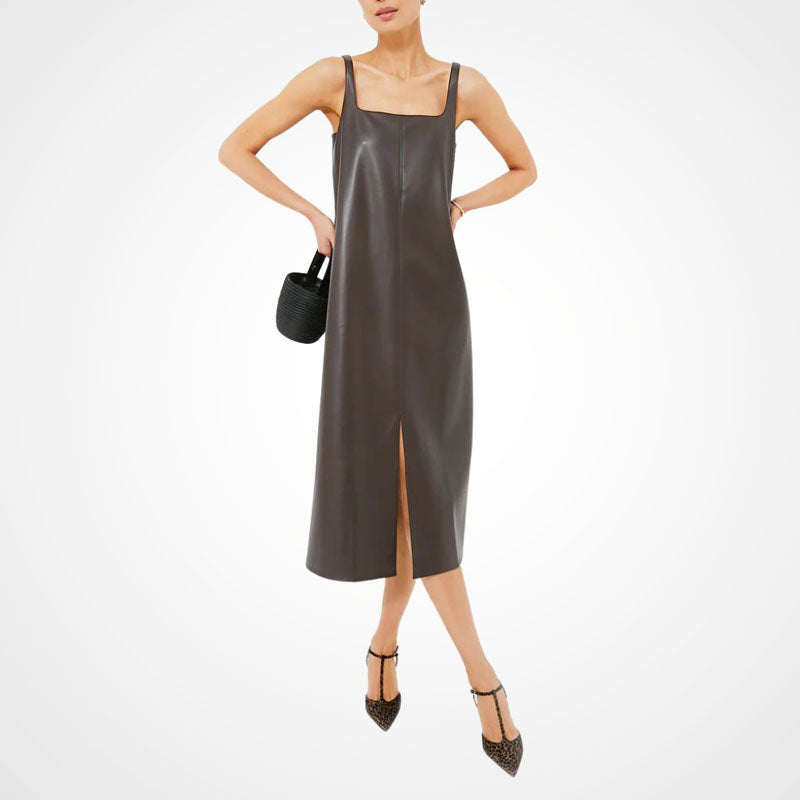 Vegan Leather Sleeveless Slit Dress Spring Summer 2025 S Vegan Leather Sleeveless Slit Dress Spring Summer 2025 S