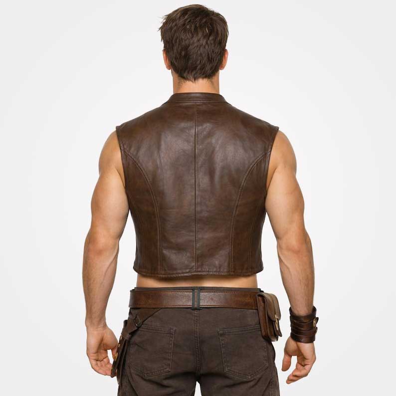 Sleeveless brown leather bar vest with structured cropped fit by Jackets Kingdom