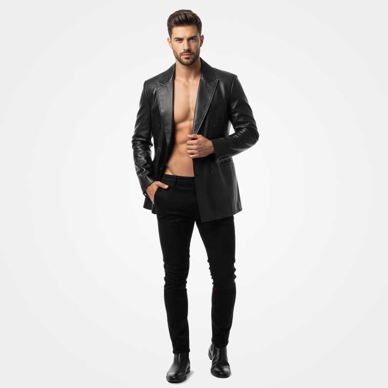 Slim fit lambskin blazer showing tailored silhouette and buttons by Jackets Kingdom