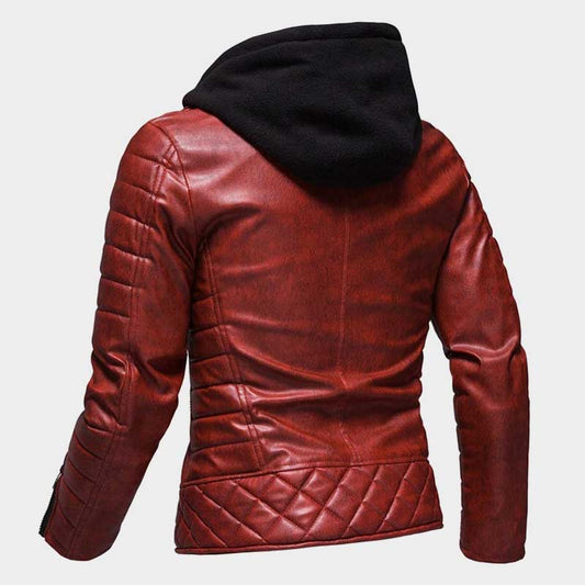 Slim fit red genuine leather moto jacket with black detachable hood by Jackets Kingdom