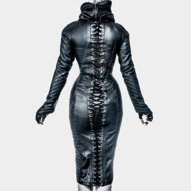 Steampunk quilted leather dress for cosplay, biker fashion, and alternative wear by Jackets Kingdom