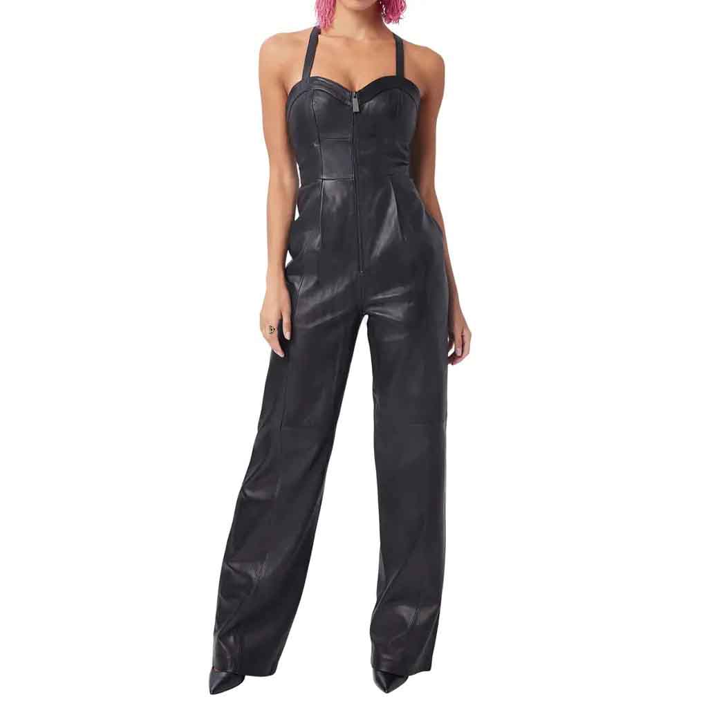 Stylish Black Straight Leg Leather Jumpsuit for Women