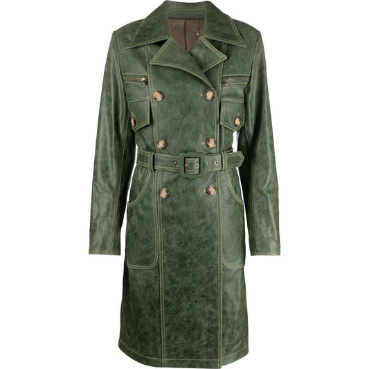 Stylish Green Distressed Leather Trench Coat for Women Green Women's Distressed Leather Trench Coat