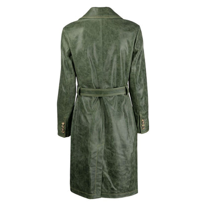 Stylish Green Distressed Leather Trench Coat for Women