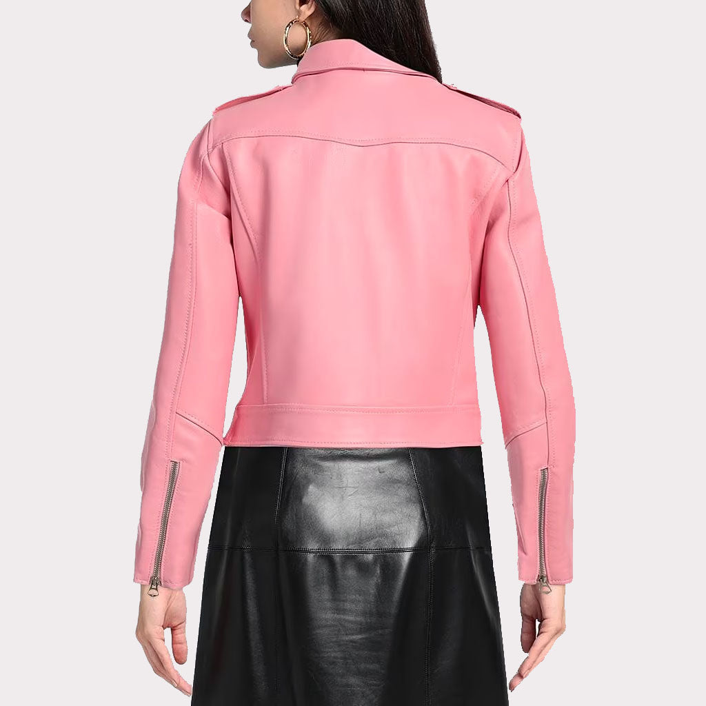 Stylish Pink Women's Biker Leather Jacket