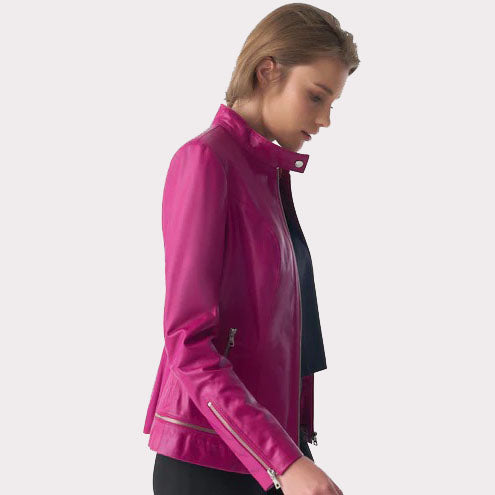 Stylish Women's Fuchsia Leather Jacket with Zipper Hem Detail