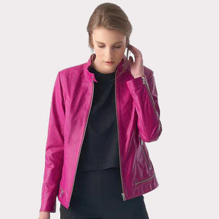 Stylish Women's Fuchsia Leather Jacket with Zipper Hem Detail