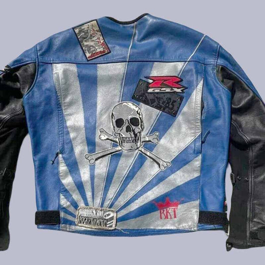Back view of Suzuki Rocket blue leather jacket with GSXR branding