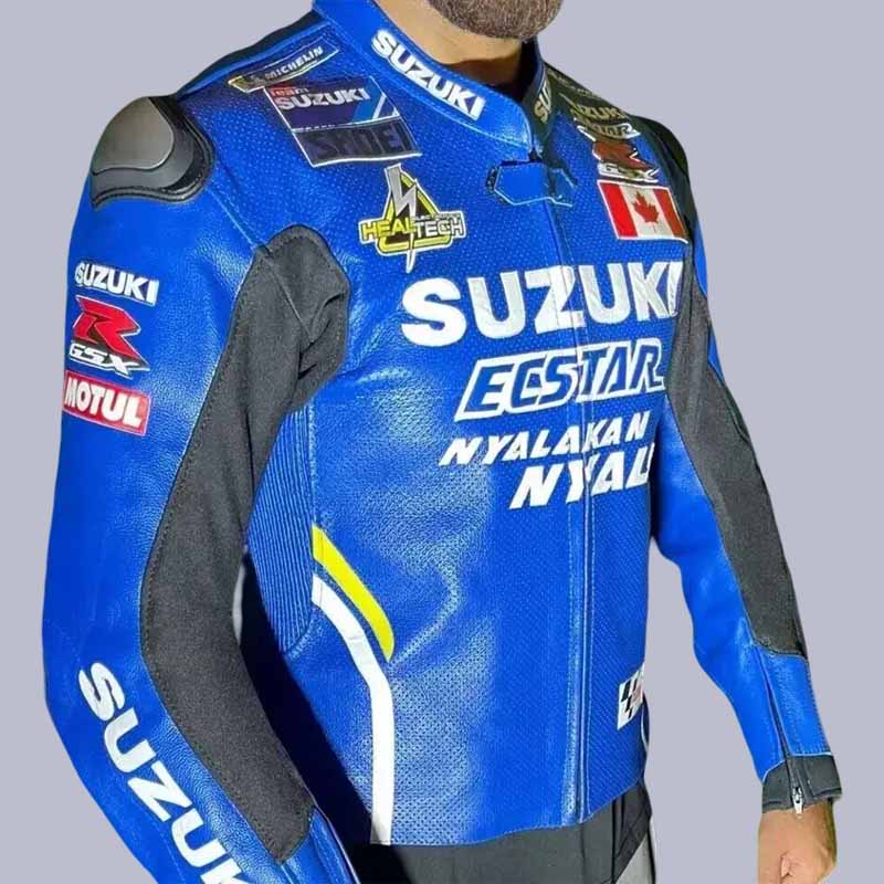 Close up of CE Level 1 shoulder armor inside Suzuki blue motorcycle jacket
