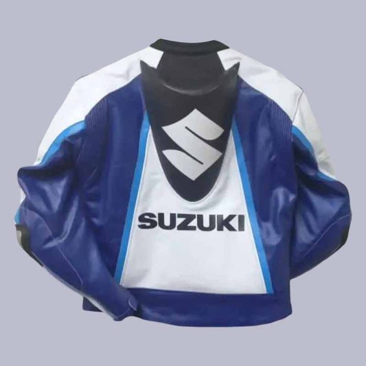 Back view of Suzuki racing leather riding jacket with bold graphics